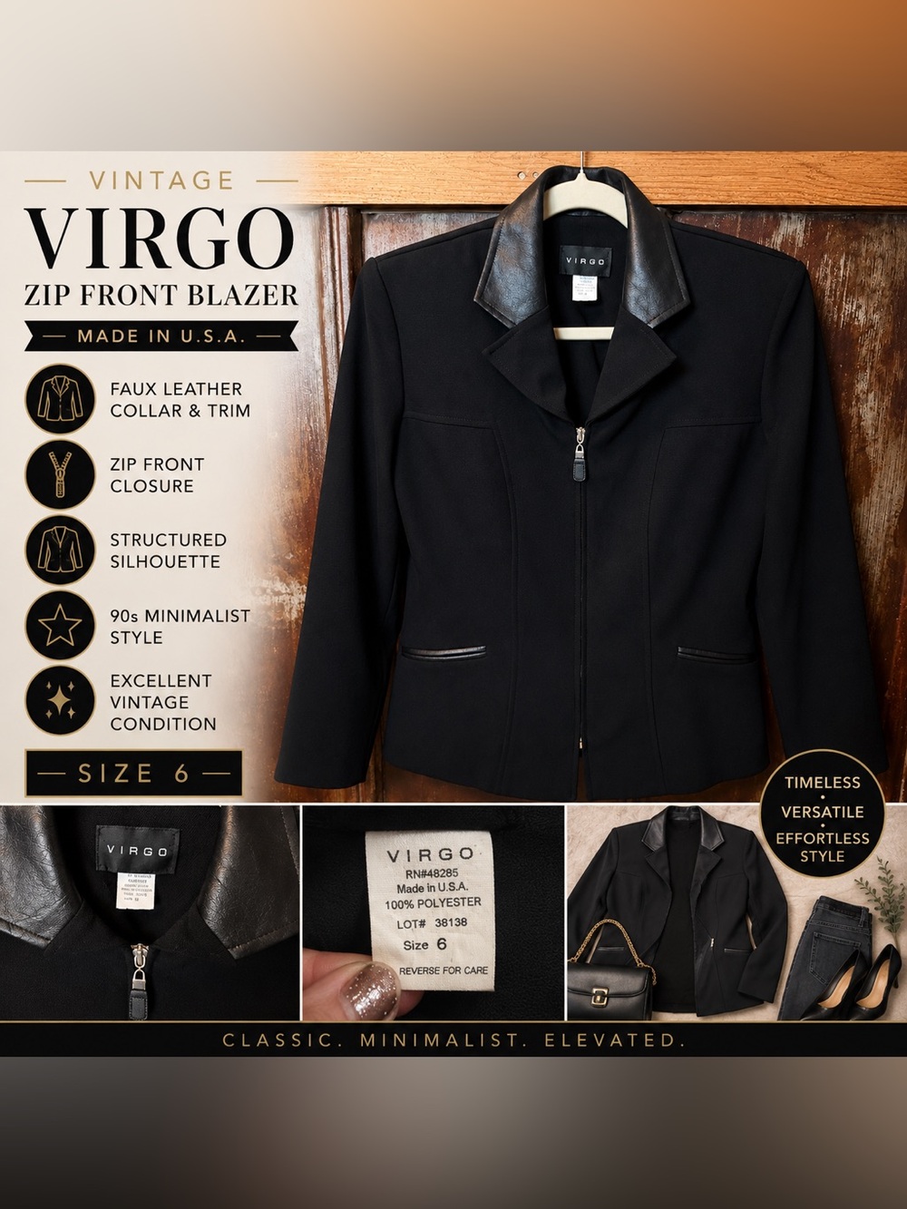 Virgo Black Zip Front Blazer with Faux Leather Collar and Trim Size 6